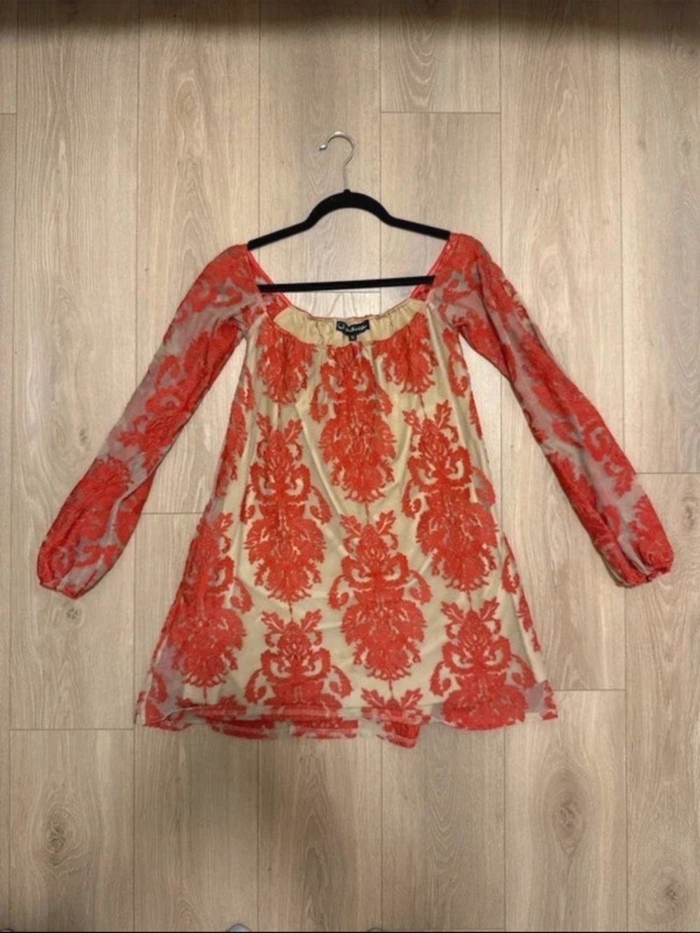 For Love & Lemons Off-Shoulder Peasant Coral Mini Mesh Bell Sleeve Dress